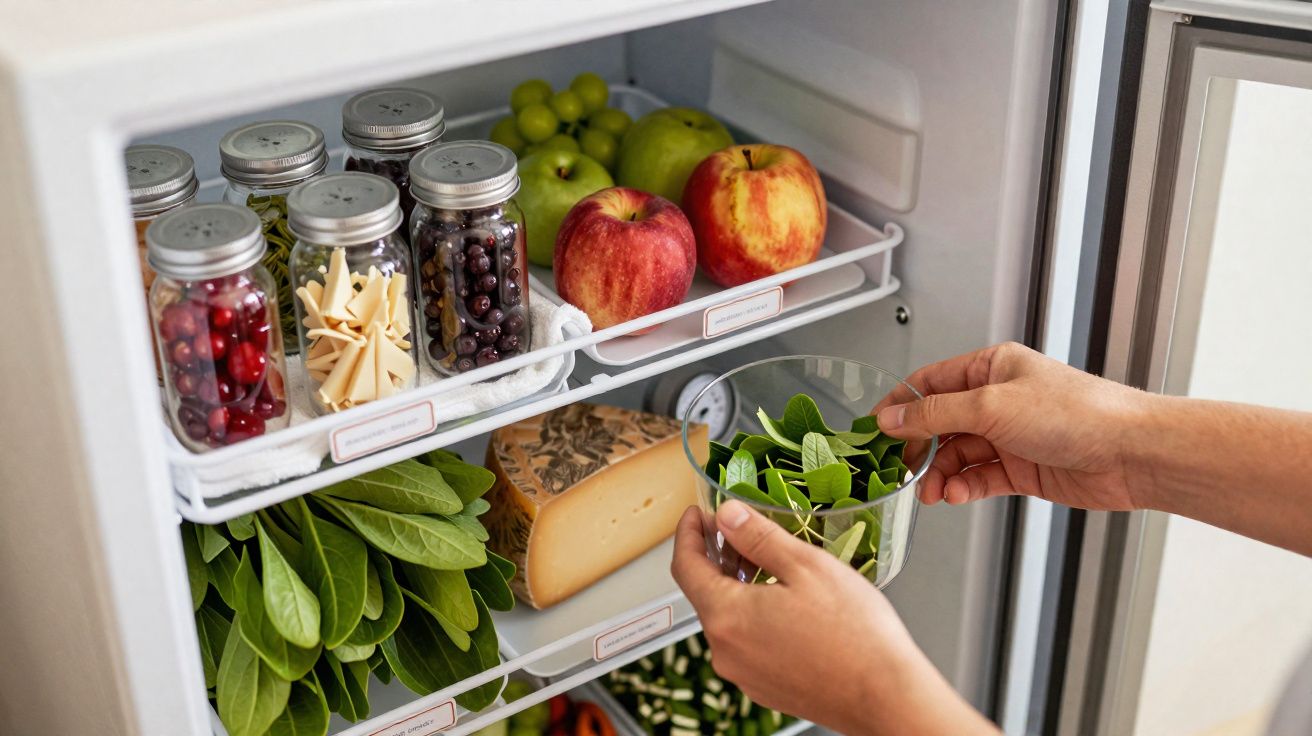 Geladeira aberta com maçãs, uvas, queijos, folhas verdes e potes de vidro com alimentos variados.