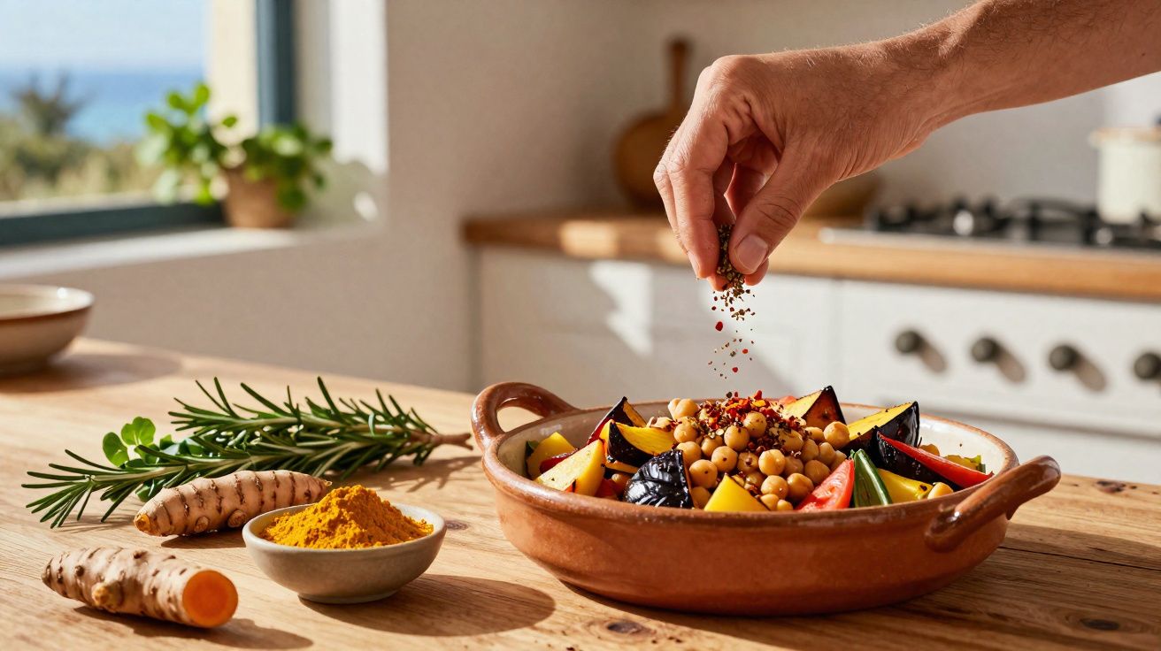 Mão temperando salada colorida com grão-de-bico, legumes e especiarias em panela de barro na cozinha.