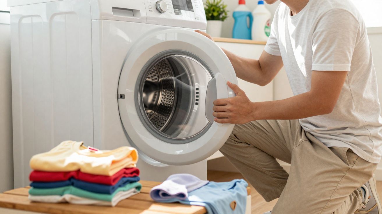 Pessoa abrindo a porta da máquina de lavar roupas branca com roupas dobradas ao lado.