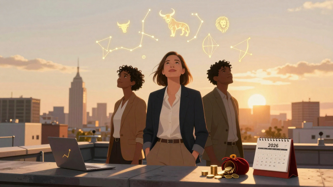 Três pessoas observam constelações zodiacais ao pôr do sol, com laptop, moedas e calendário de 2026.