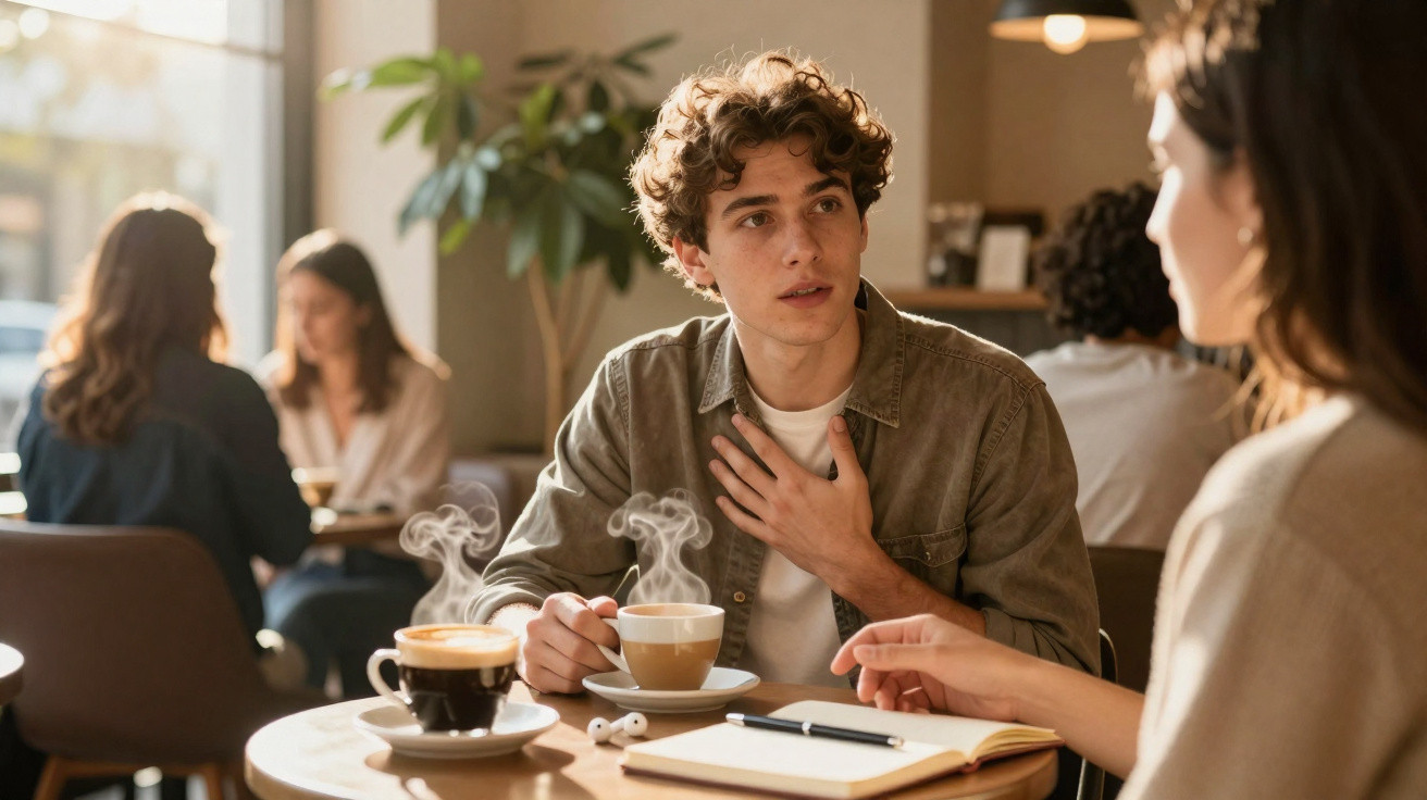 Jovem ouvindo atentamente durante conversa em cafeteria com outra pessoa, com xícaras de café na mesa.