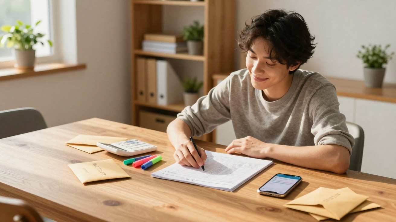 Jovem sorridente escrevendo em caderno à mesa com celular, envelopes, marcadores coloridos e calculadora.