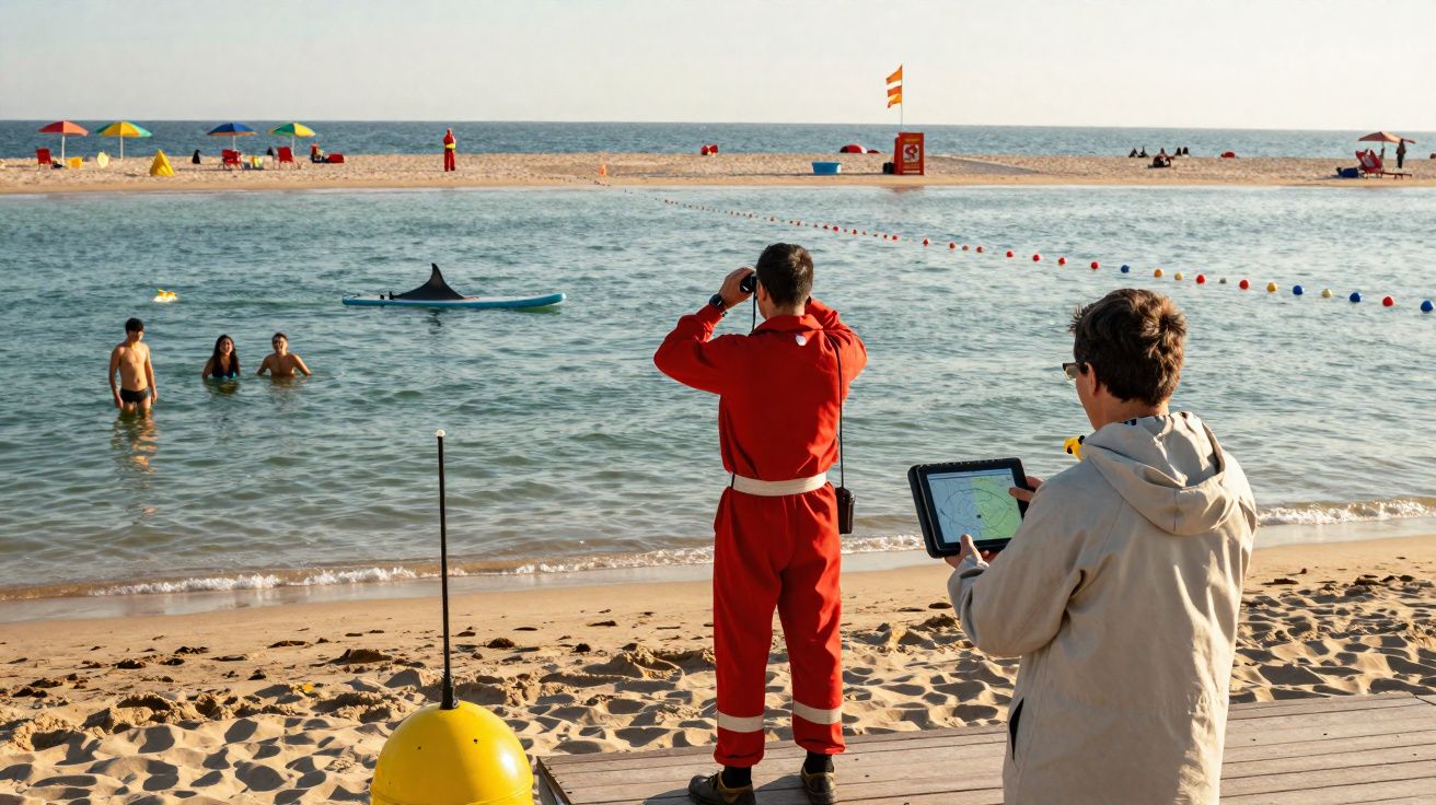 Salva-vidas em uniforme vermelho observando nadadores em praia com guarda-sóis e mar ao fundo.