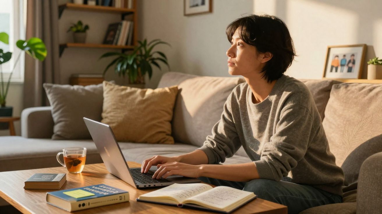 Pessoa jovem usando laptop e estudando em sala de estar com livros e chá sobre a mesa.