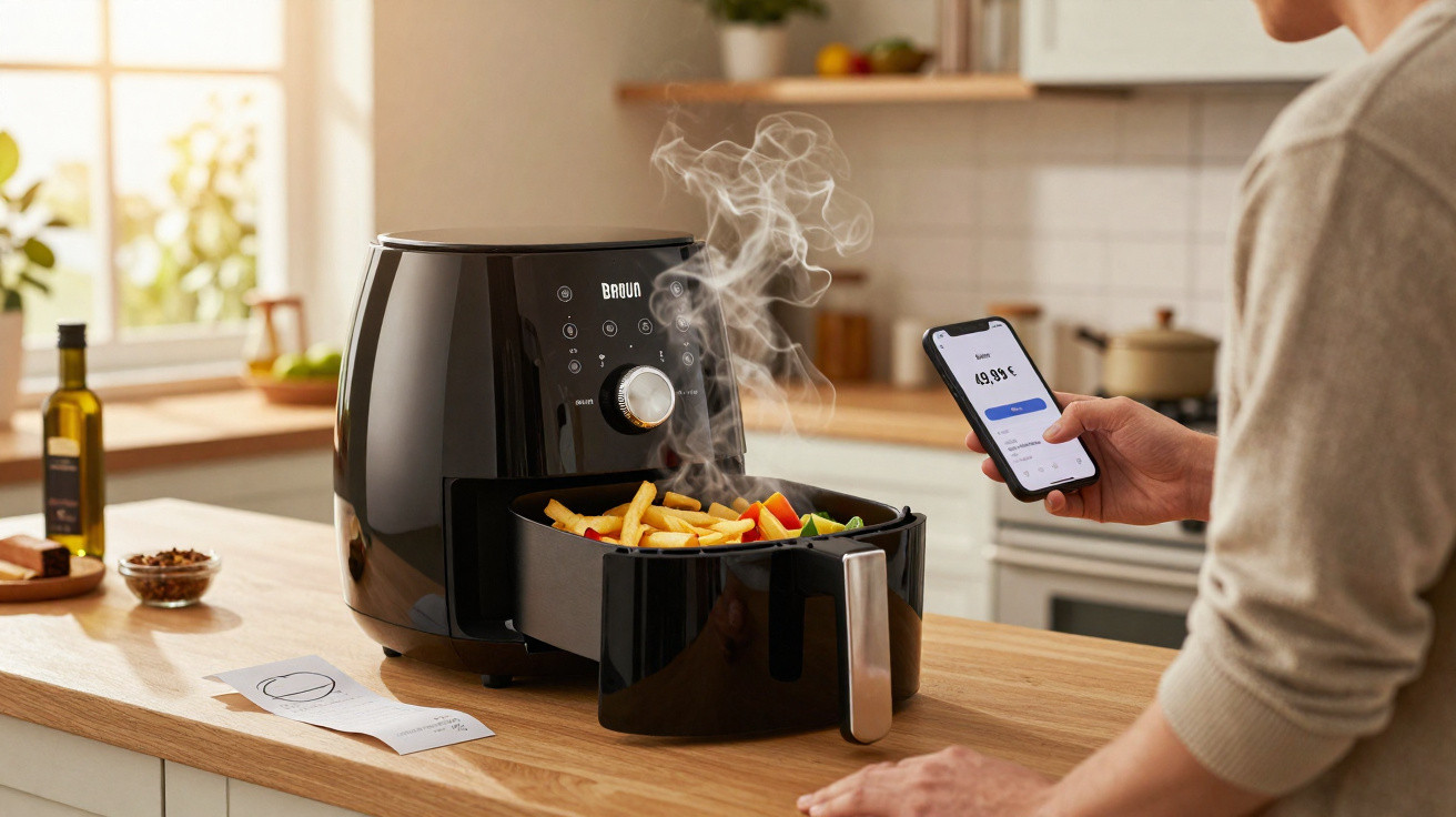 Pessoa usando smartphone para controlar fritadeira elétrica preta com batatas fritas na cozinha.