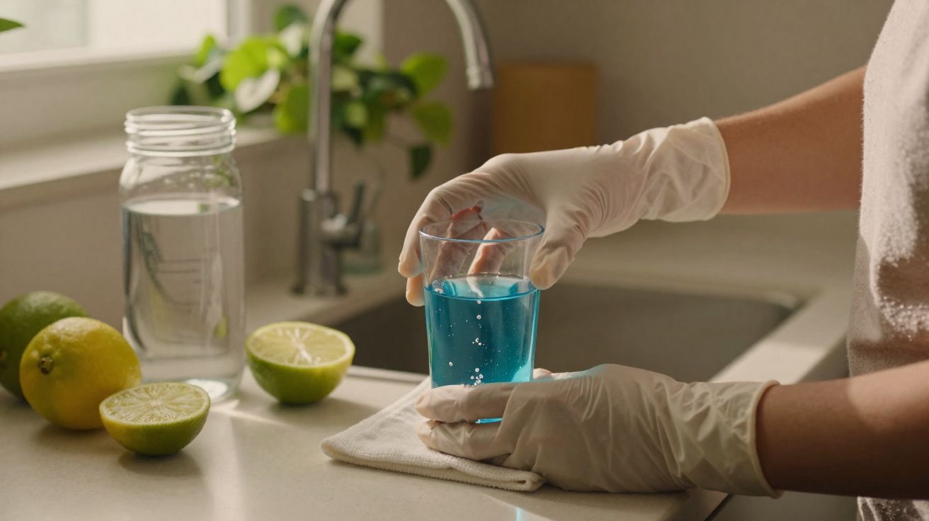 Pessoa com luvas segurando copo com líquido azul na cozinha com limões e jarra de água na bancada.