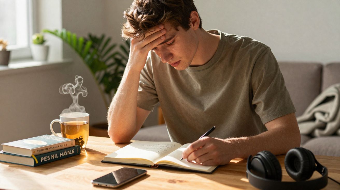 Jovem sentado à mesa lendo livro, com xícara de chá fumegante, celular e fones de ouvido ao lado.