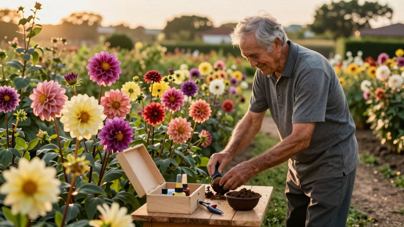 Homem idoso cuidando de flores coloridas em jardim ao pôr do sol, com ferramentas de jardinagem na mesa.