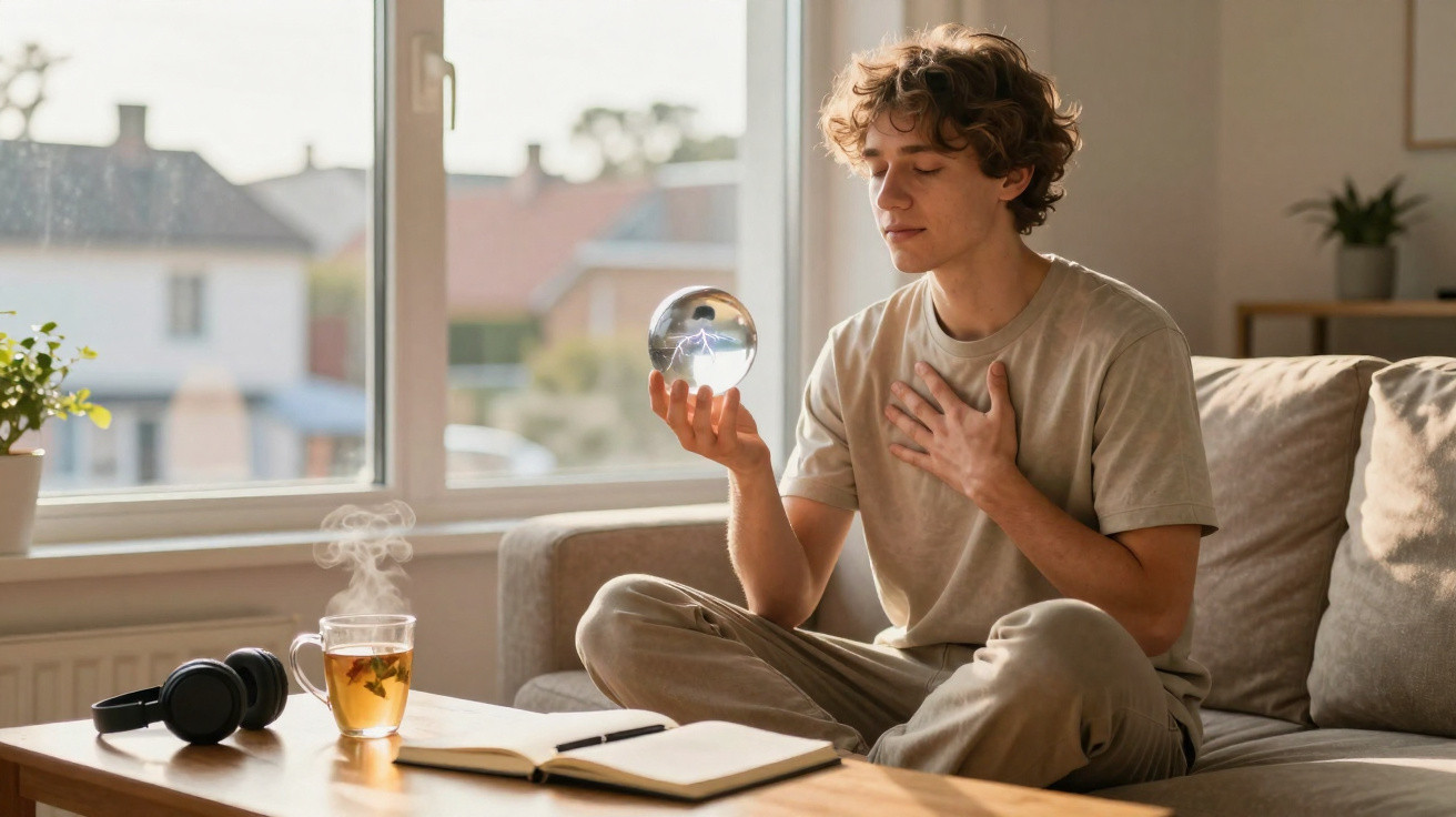 Jovem sentado no sofá meditando com cristal de plasma na mão e chá ao lado sobre a mesa de madeira.