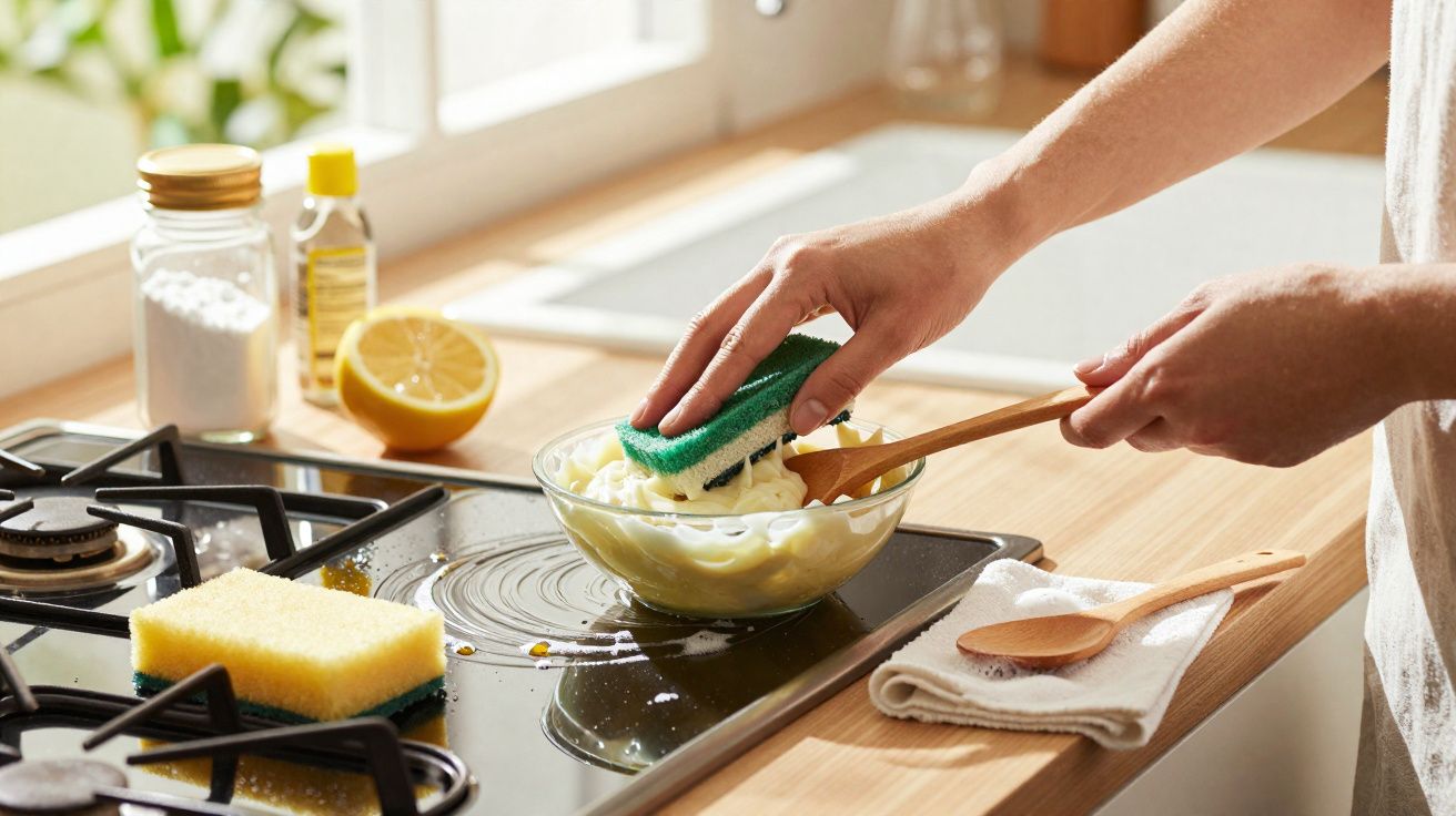 Pessoa usando esponja para misturar creme em tigela na cozinha com fogão e ingredientes ao fundo.