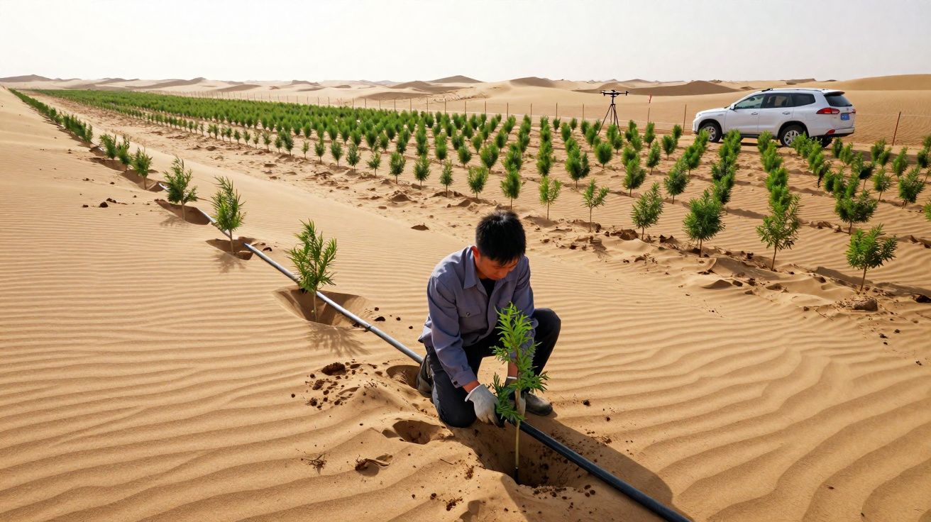Pessoa plantando árvores jovens em fileiras no deserto com um carro branco ao fundo.