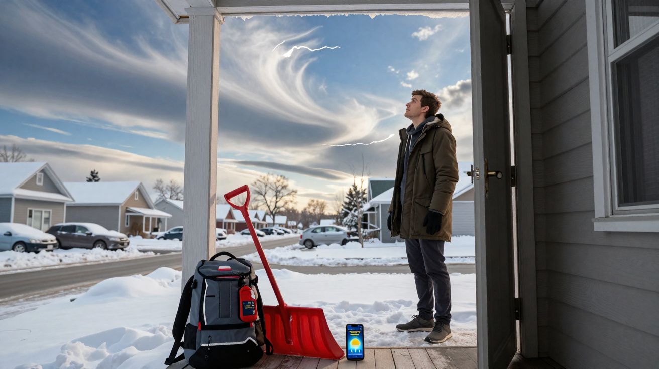 Homem vestido com casaco observa o céu nublado de inverno, ao lado de pá e mochila vermelha na varanda coberta de neve.