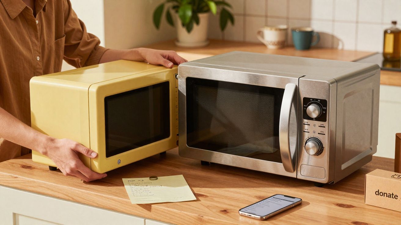 Pessoa segurando micro-ondas amarelo ao lado de micro-ondas inox em bancada de cozinha.