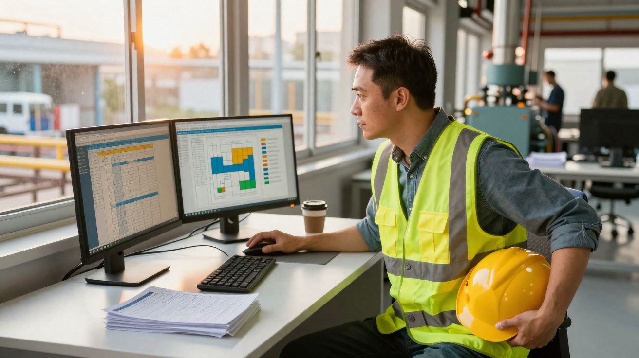 Engenheiro com colete verde e capacete amarelo analisando gráficos em dois monitores no escritório.