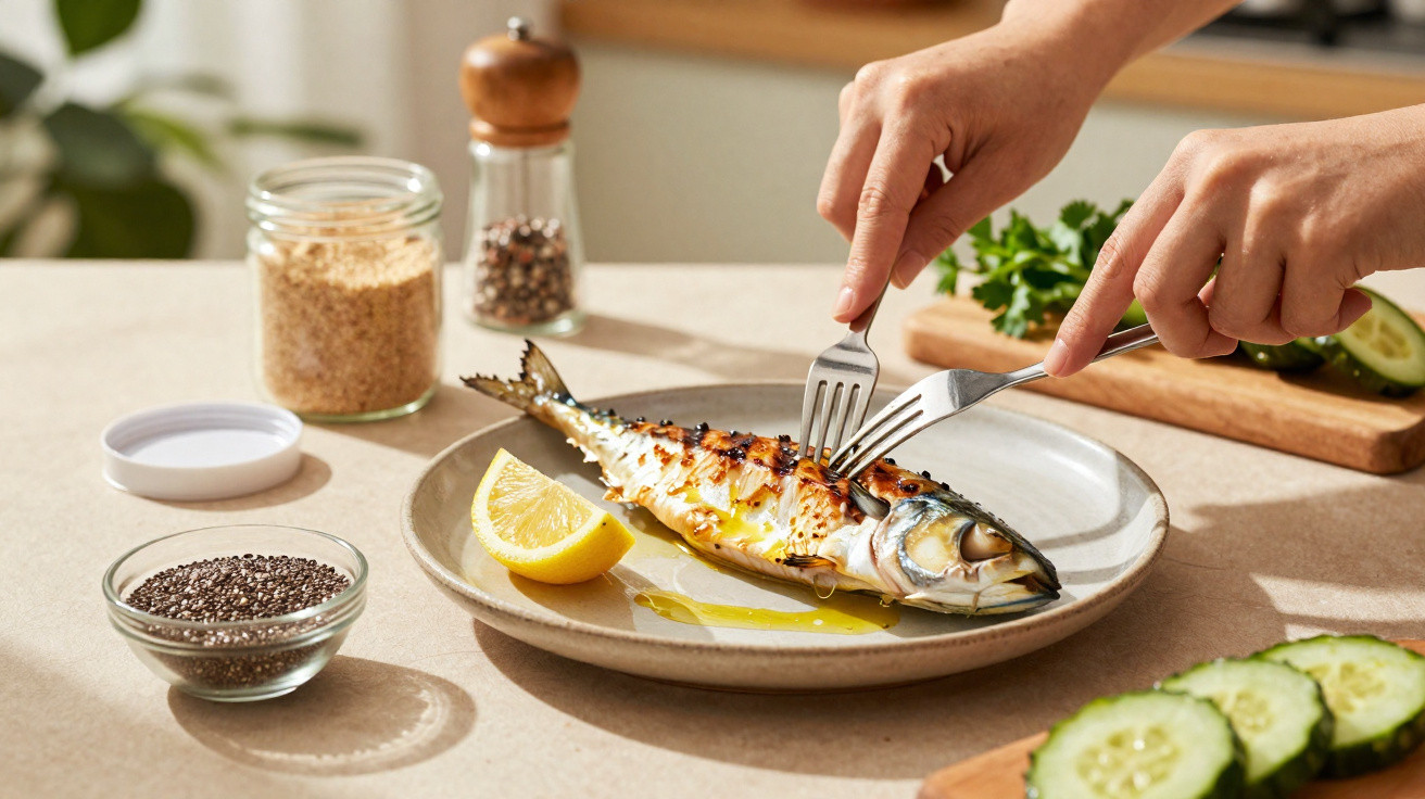 Pessoa usando garfos para cortar peixe grelhado no prato com fatia de limão e temperos ao fundo.