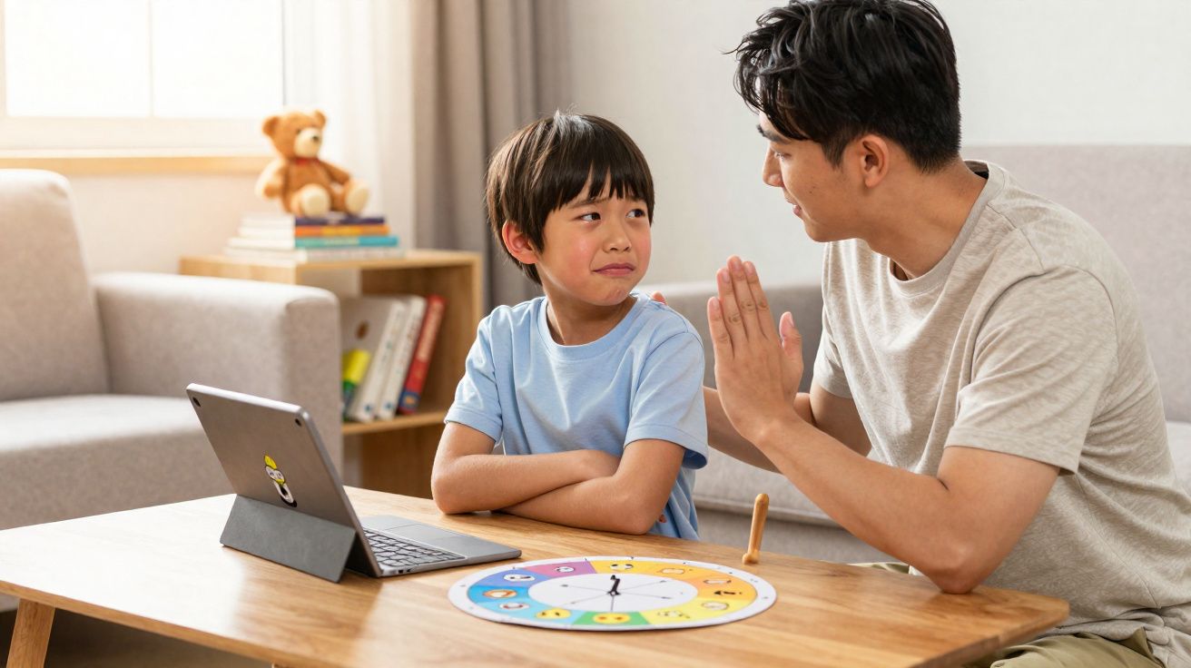 Pai conversa com filho sentado à mesa com tablet e relógio educativo colorido em sala iluminada.
