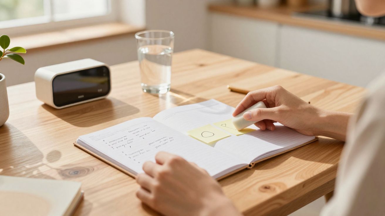 Pessoa aplicando post-its em caderno aberto sobre mesa de madeira com copo d'água e relógio digital branco.