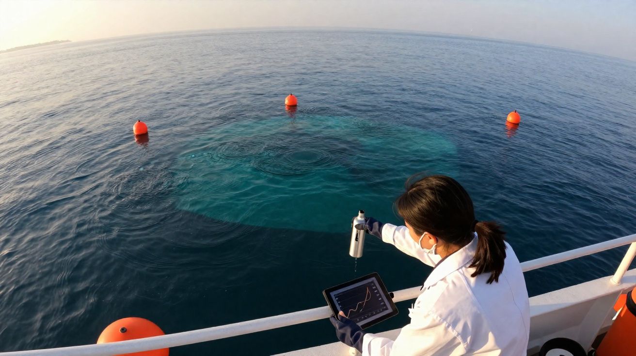 Pesquisadora coleta amostra de água do mar com equipamento em barco próximo a bóias laranja.
