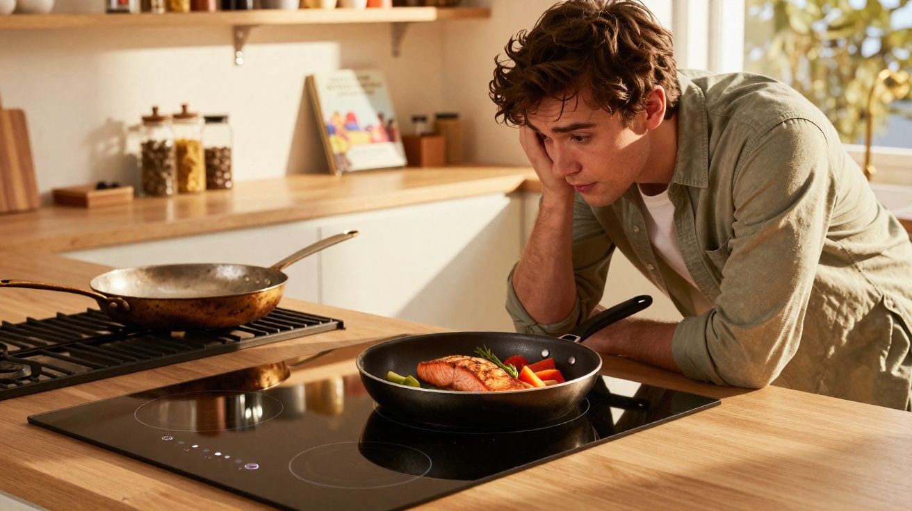 Jovem observando pedaço de salmão e legumes em frigideira sobre fogão na cozinha.