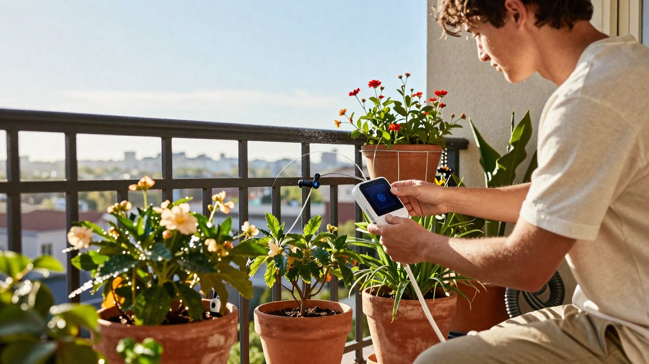 Jovem regula sistema de irrigação automática em plantas de vaso na varanda ensolarada de um apartamento.