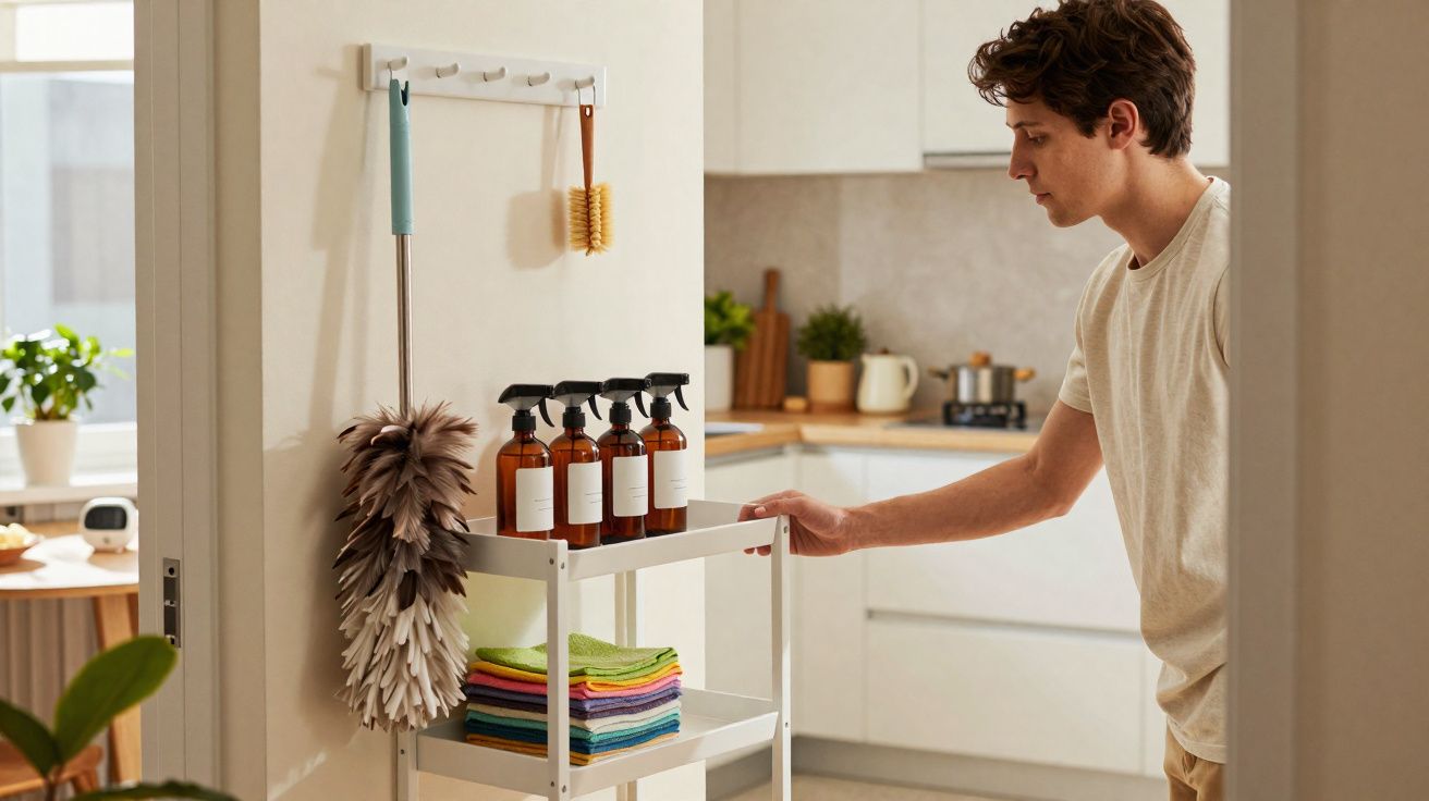 Homem organizando produtos de limpeza em carrinho branco na cozinha clara e moderna.