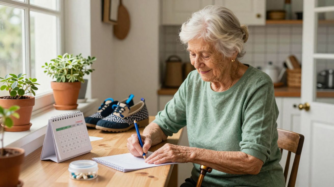 Idosa sorridente escreve em caderno sentada à mesa com plantas e calendário ao lado.
