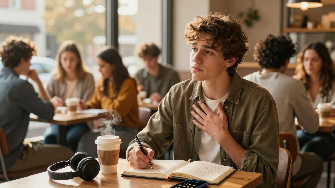 Jovem em cafeteria escreve em caderno, fumaça sobe de copo de café e fones estão na mesa.