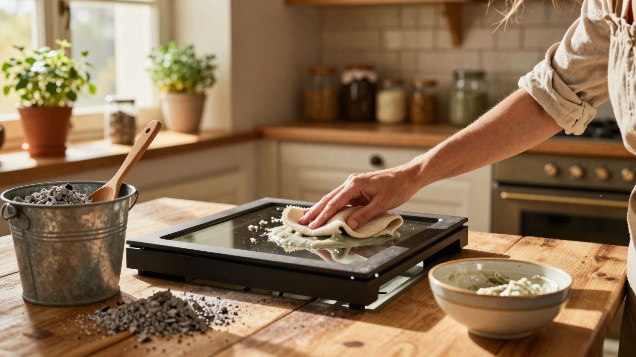 Pessoa limpando a porta de vidro de um forno enquanto cozinha em cozinha ensolarada com plantas.