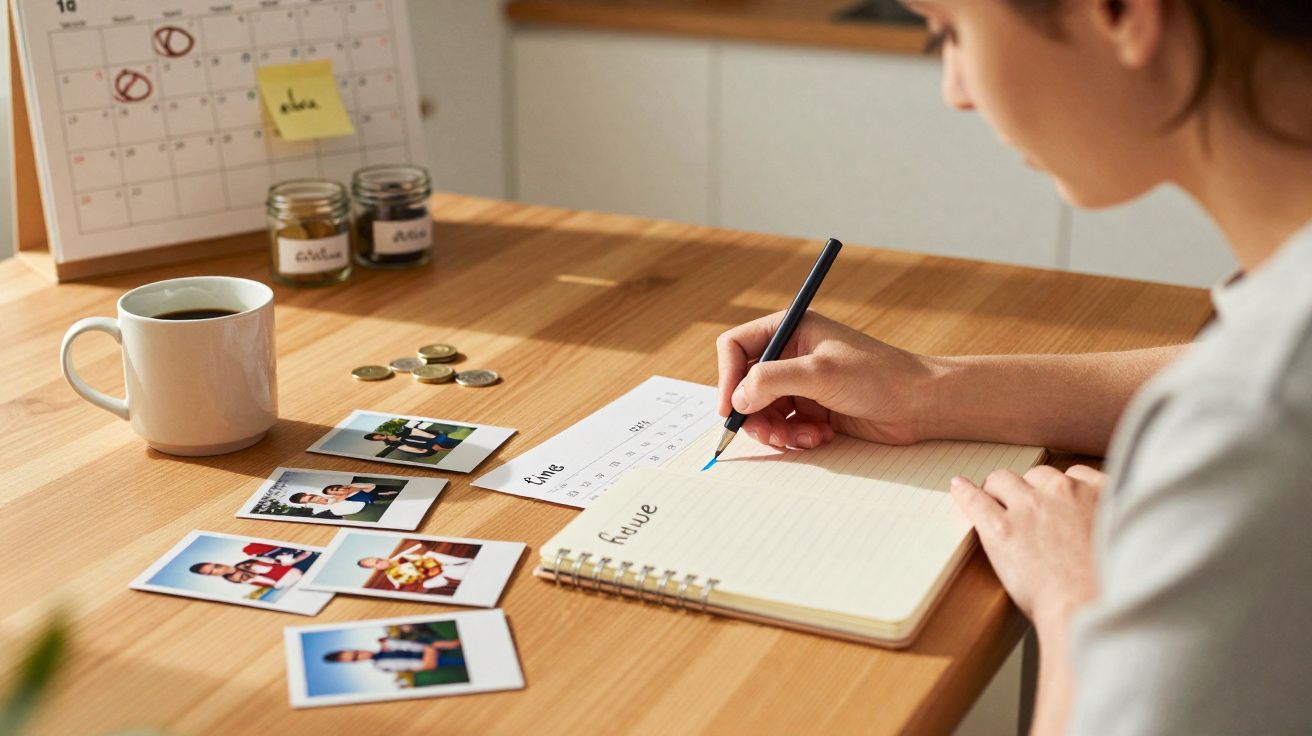 Pessoa escrevendo em bloco de notas com fotos, moeda, caneca de café e calendário em mesa de madeira.