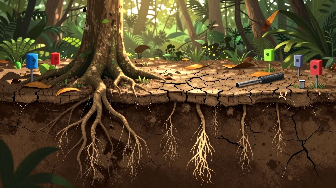 Ilustração da raiz de árvore em solo seco e fissurado com medidores coloridos e objeto cilíndrico na superfície.