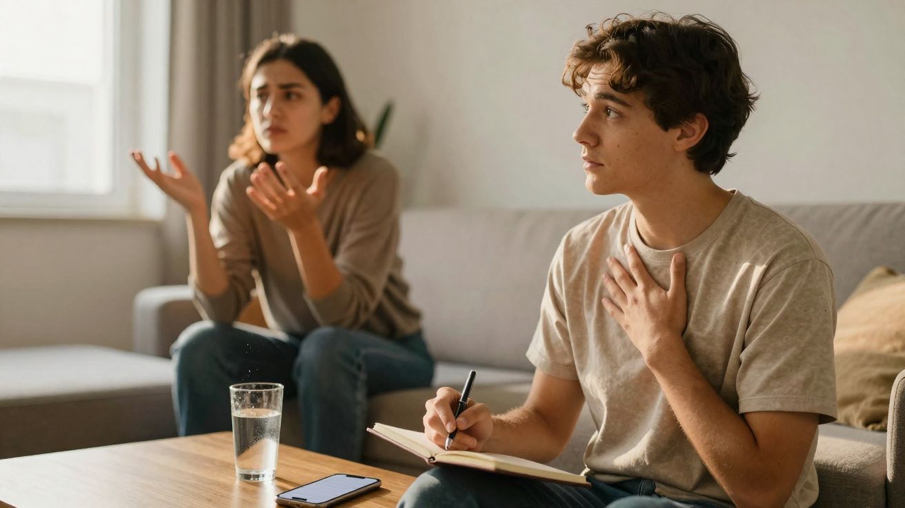 Homem anota em caderno enquanto mulher gesticula em discussão em sala de estar.