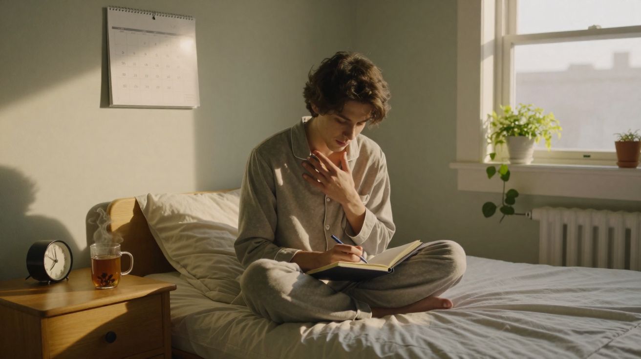 Pessoa sentada na cama escrevendo em um caderno em quarto iluminado pela luz natural da janela.