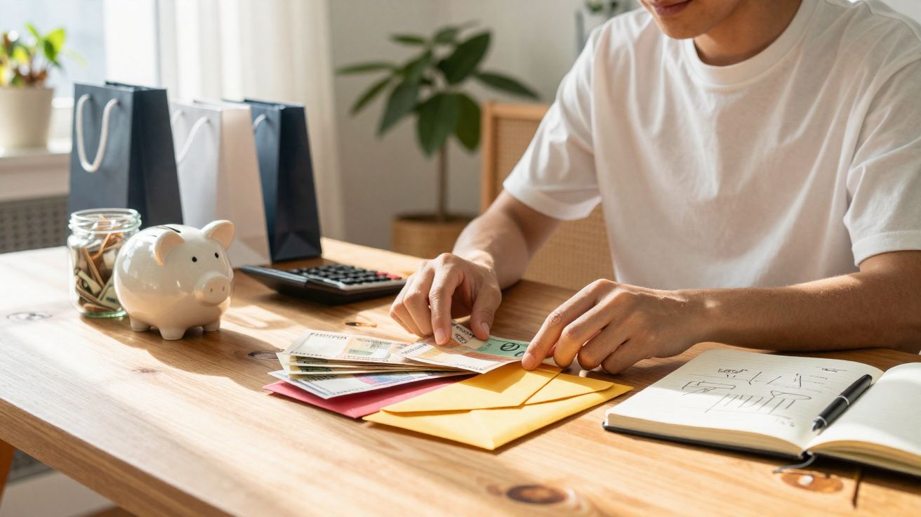 Pessoa organizando dinheiro em envelopes ao lado de cofrinho, calculadora e caderno de anotações em mesa de madeira.