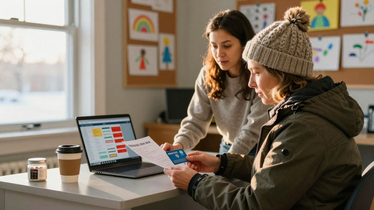 Duas mulheres analisando documento e cartão de crédito em mesa com laptop e café em ambiente iluminado.