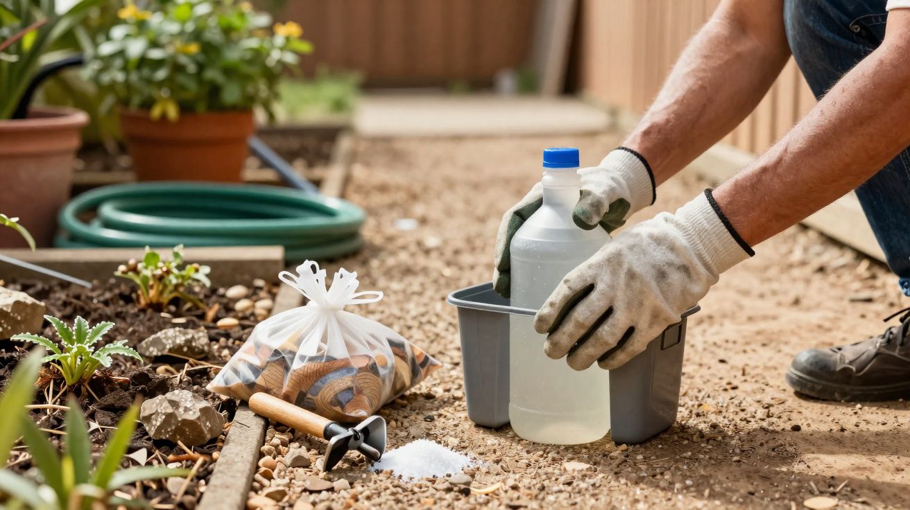 Pessoa com luvas manuseia produto de limpeza para jardinagem em área externa com plantas e ferramentas.