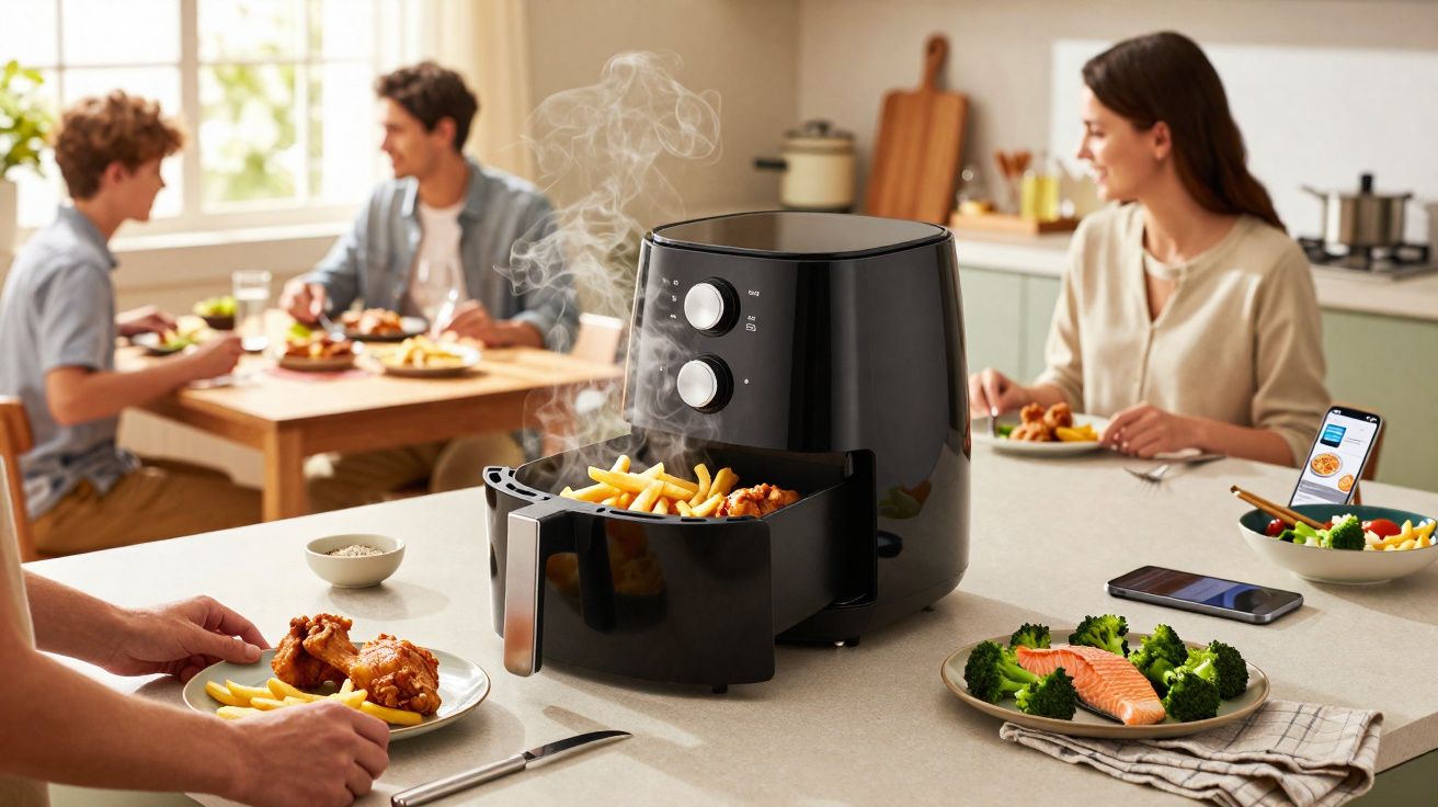 Fritadeira elétrica preta com batatas fritas, frango e pessoas comendo à mesa ao fundo em cozinha moderna.