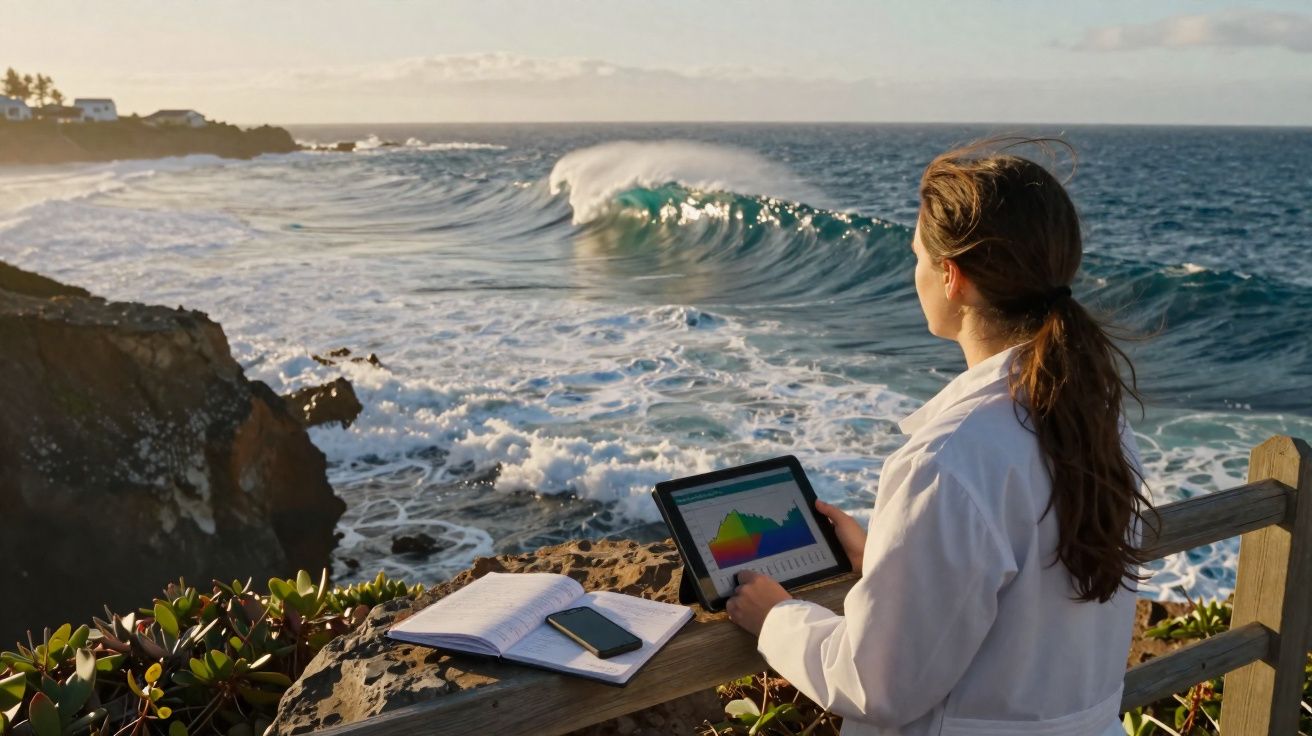 Mulher com jaleco observa gráfico em tablet em uma área rochosa à beira-mar ao pôr do sol.