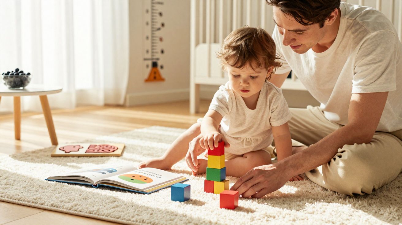Pai e filho pequenos brincam juntos no chão empilhando blocos coloridos em um ambiente claro e acolhedor.