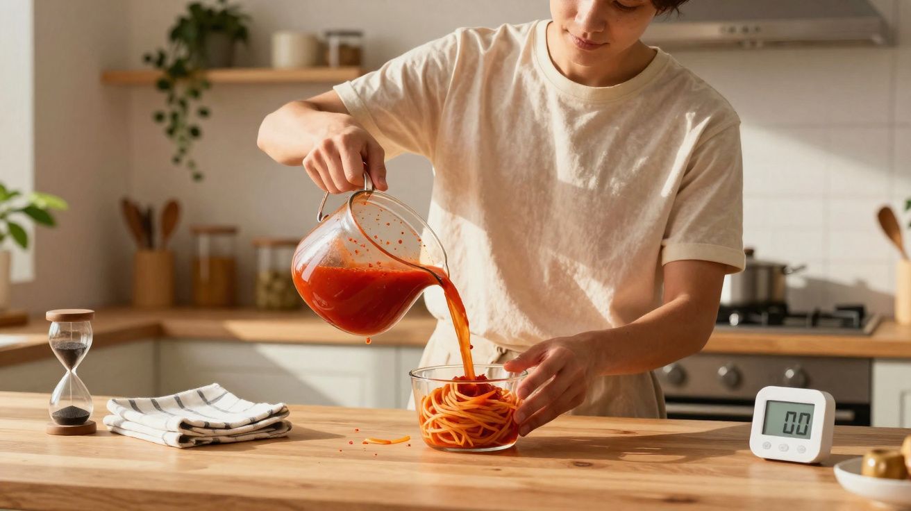 Pessoa despejando molho de tomate em macarrão dentro de recipiente de vidro na cozinha.