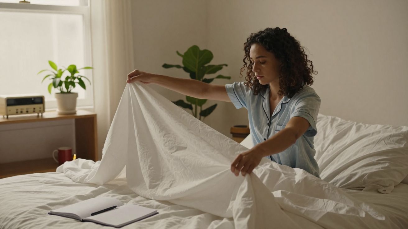 Mulher arrumando a cama em quarto iluminado com planta, rádio e caderno sobre o lençol branco.