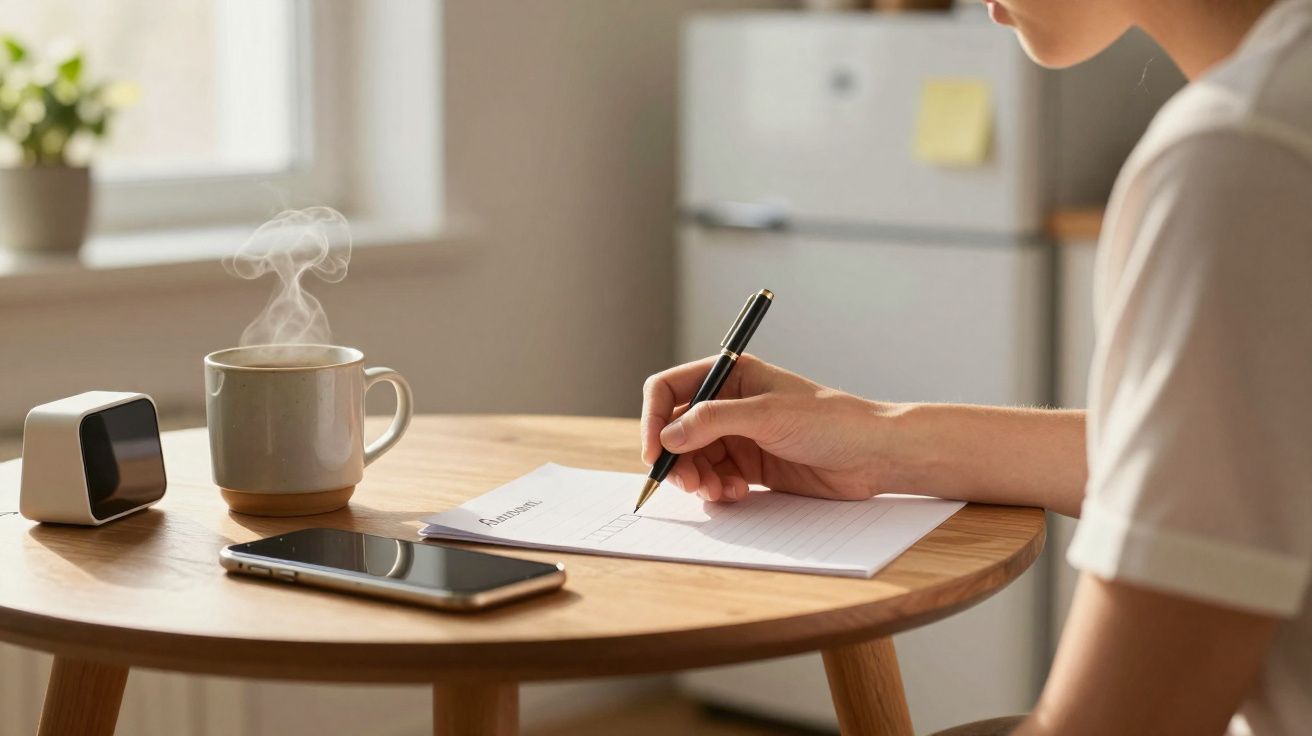 Pessoa escrevendo em bloco de notas em mesa com café quente, celular e despertador digital.
