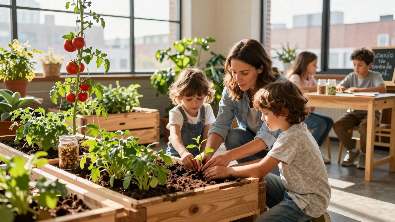 Mulher e duas crianças plantando mudas em vasos de madeira em sala iluminada com plantas ao redor.