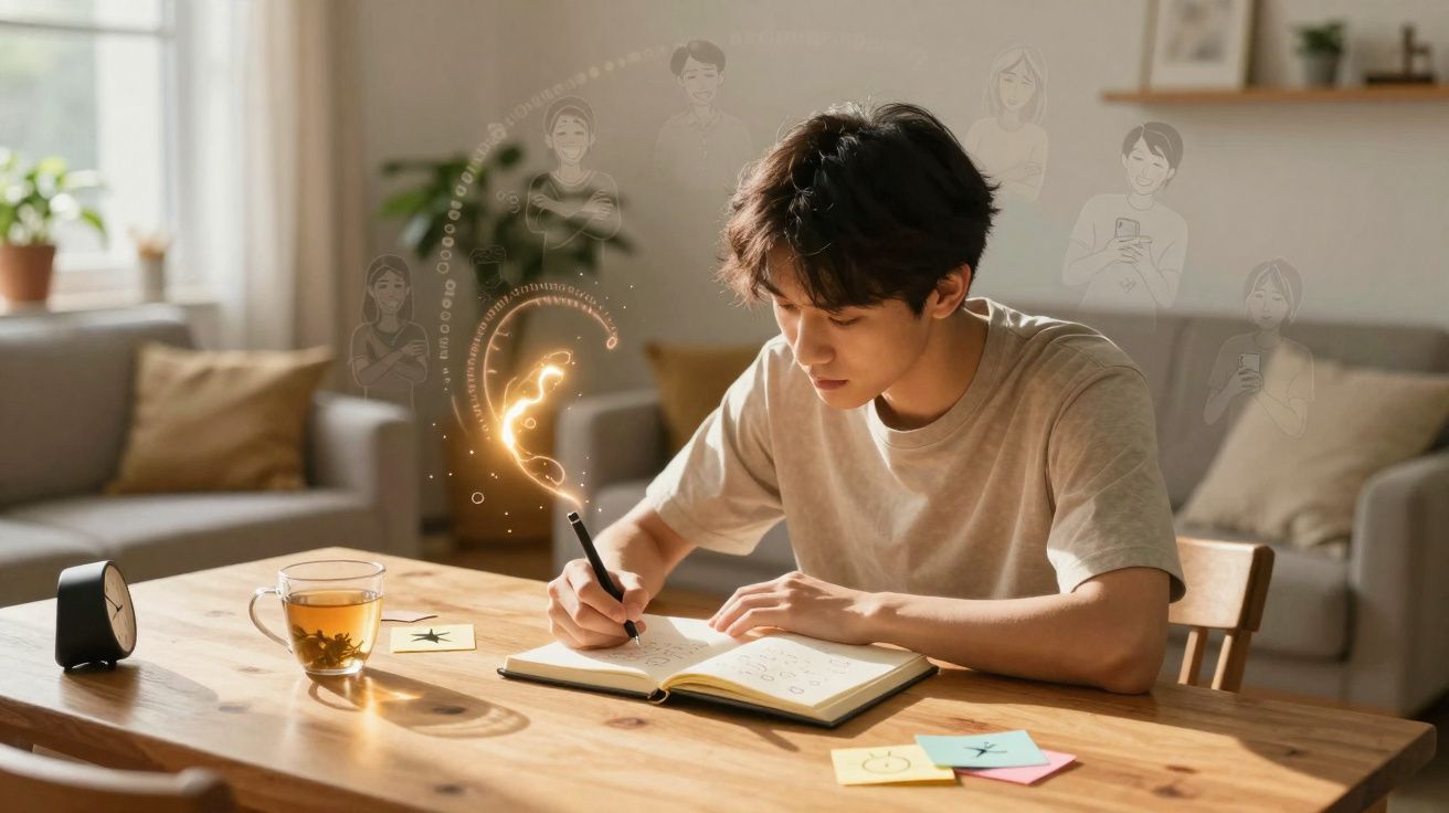 Jovem escrevendo em caderno com caneta mágica que emite luz em ambiente aconchegante e iluminado.