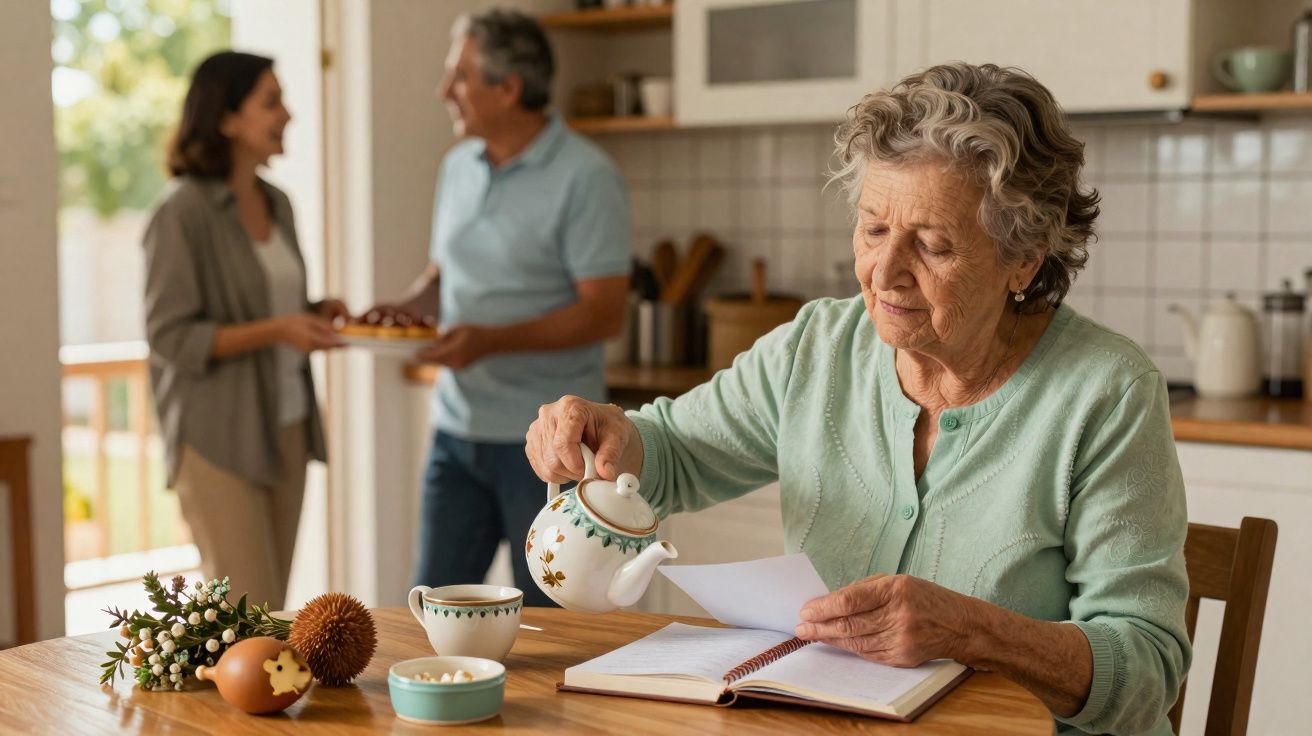 Idosa servindo chá enquanto lê carta em cozinha, casal sorridente ao fundo conversando.
