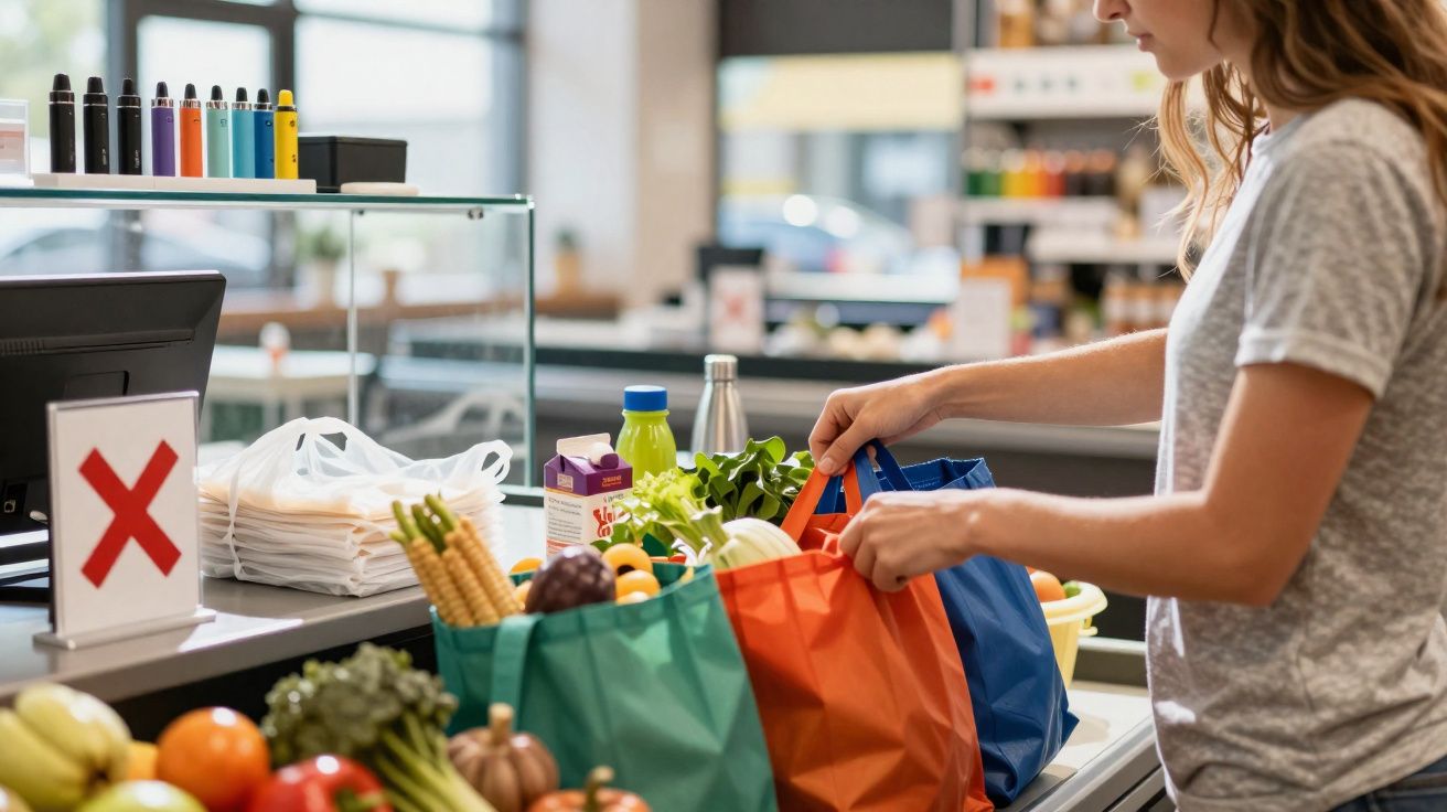 Mulher organizando sacolas reutilizáveis cheias de alimentos frescos no caixa do supermercado.