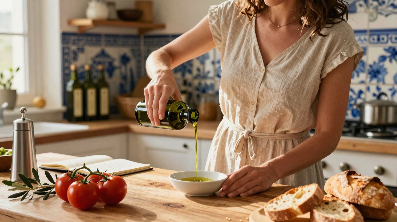 Mulher versa vestida branca despejando azeite em tigela na cozinha rústica com tomates e pão na bancada.