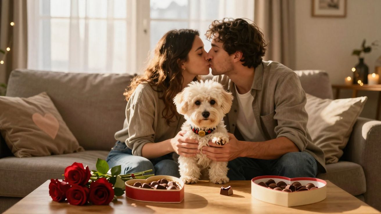 Casal jovem se beijando no sofá com cachorro branco e chocolates em forma de coração na mesa.