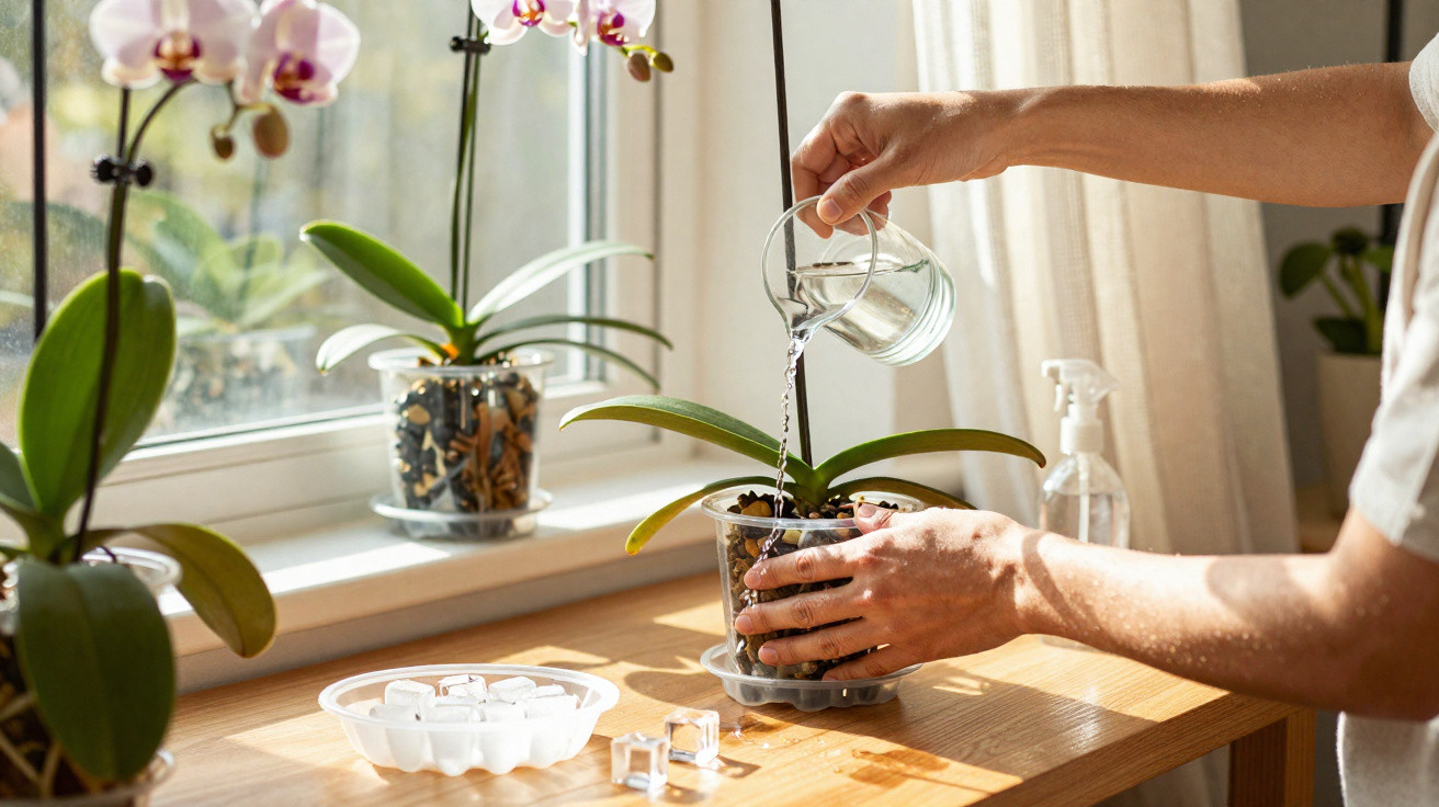 Pessoa regando orquídea em vaso de plástico transparente próximo à janela em ambiente iluminado.