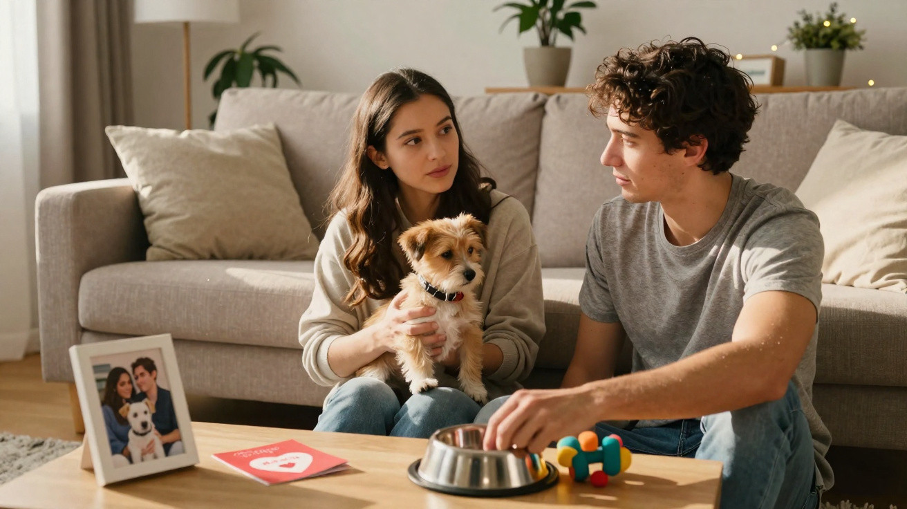 Casal sentado no sofá com cachorro pequeno no colo e tigela de comida sobre a mesa na sala.