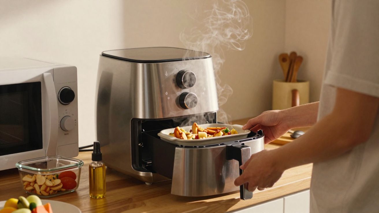 Pessoa retirando prato com legumes e batatas fritas de fritadeira elétrica na cozinha.